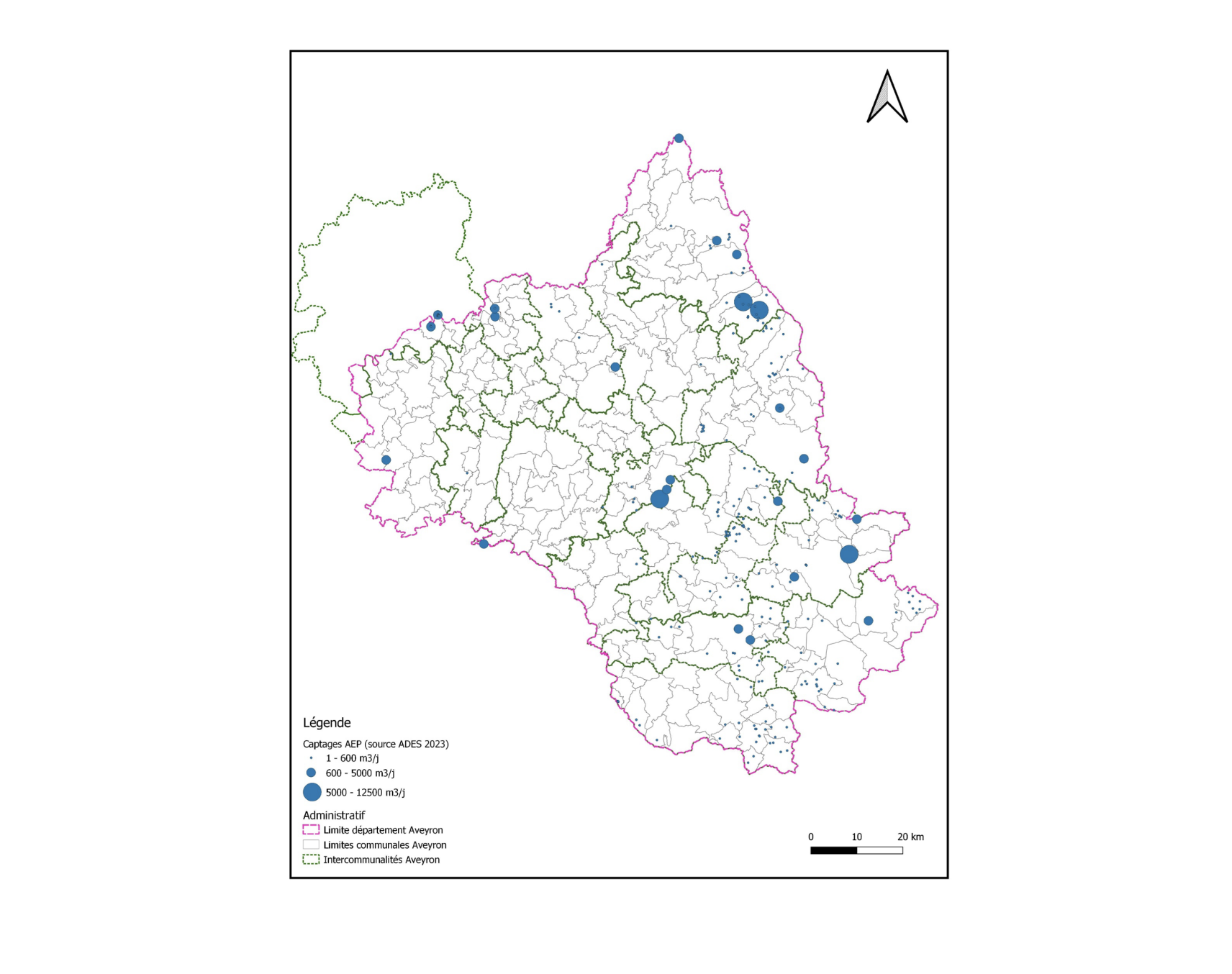 Carte de localisation des captages AEP en Aveyron classés par taille