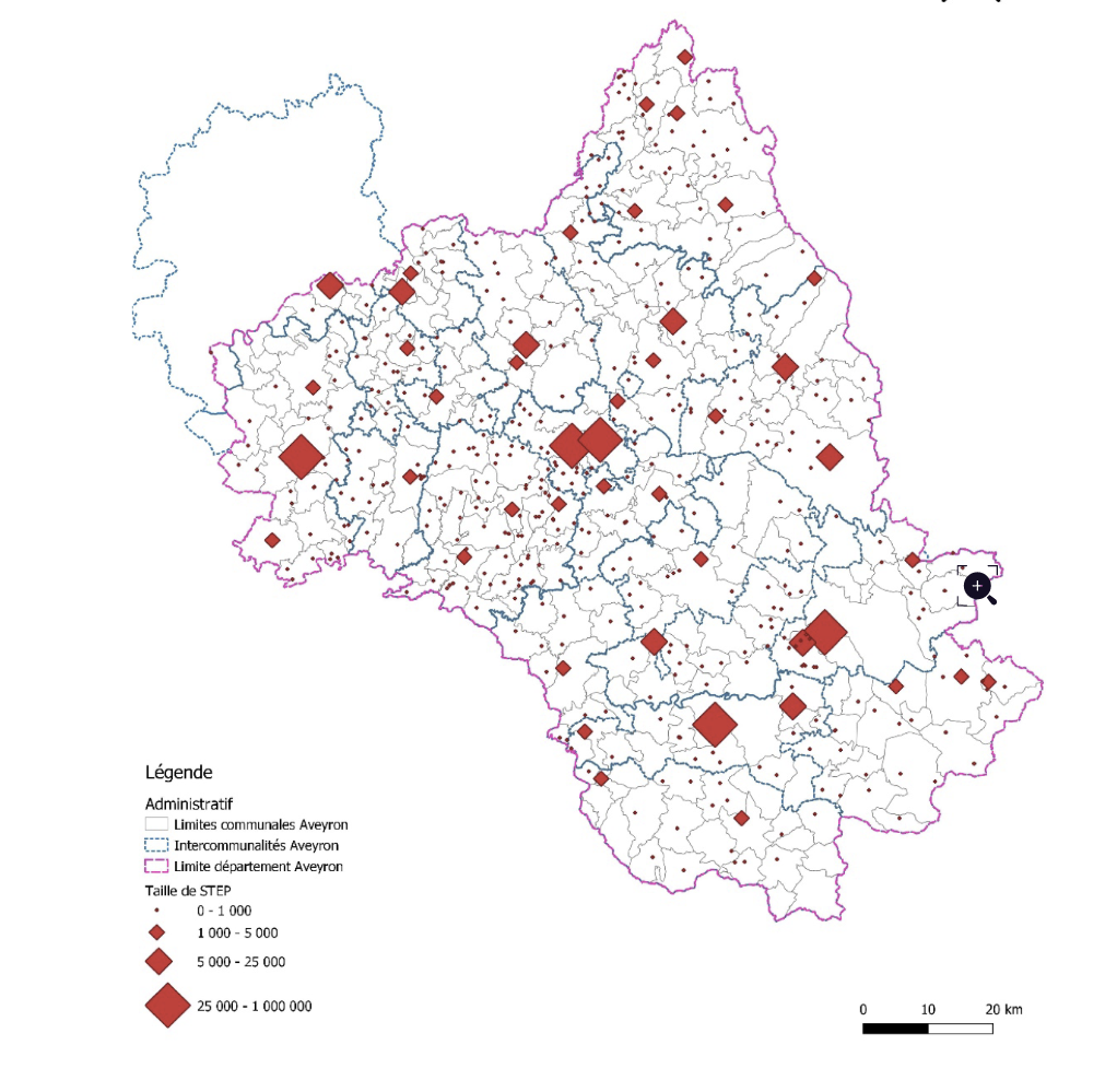 Carte des stations d’épuration en Aveyron, classées par taille